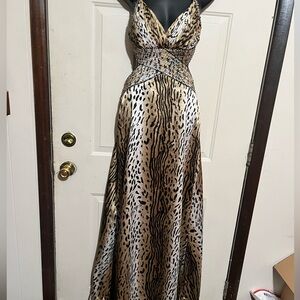 La Femme Animal Print Dress with Sequin Detail and Flowing Train